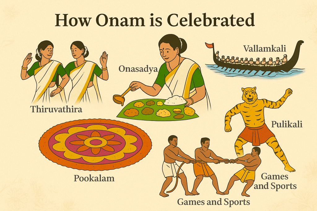 “An illustrated poster showing how Onam is celebrated, with traditions including Thiruvathira dance by women in kasavu sarees, Onasadya feast served on banana leaves, Vallamkali snake boat race, Pulikali tiger dance, colorful Pookalam floral design, and traditional games and sports.”

